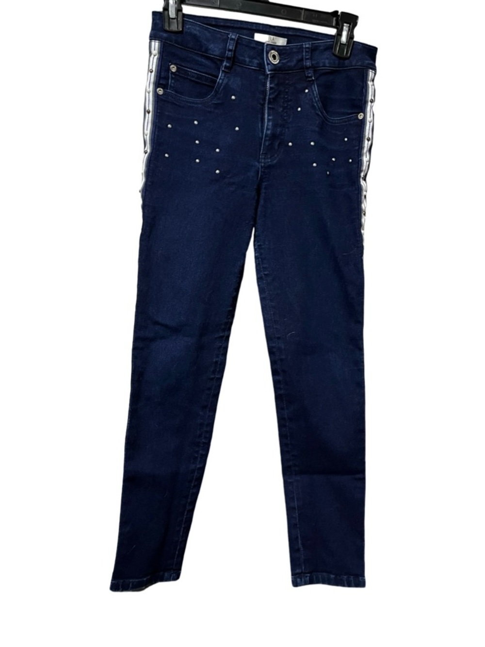 Dark Blue Skinny Jeans with Silver Side Stripe and Stud Accents